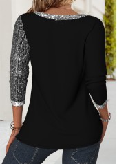 Patchwork Black Long Sleeve V Neck T Shirt