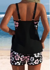 Mid Waisted Floral Print Layered Black Tankini Set