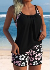 Mid Waisted Floral Print Layered Black Tankini Set