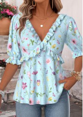 Floral Print Ruffle Light Blue Half Sleeve Blouse