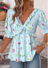 Floral Print Ruffle Light Blue Half Sleeve Blouse