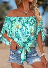 Marine Life Print Tie Cyan Half Sleeve Blouse