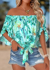 Marine Life Print Tie Cyan Half Sleeve Blouse