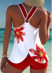 Mid Waisted Tropical Plants Print Circular Ring Tankini Set