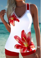Mid Waisted Tropical Plants Print Circular Ring Tankini Set
