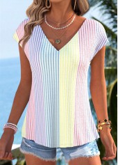 Striped Bowknot Multi Color Short Sleeve T Shirt