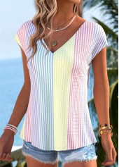 Striped Bowknot Multi Color Short Sleeve T Shirt