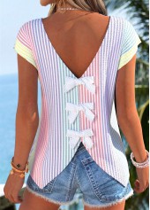 Striped Bowknot Multi Color Short Sleeve T Shirt