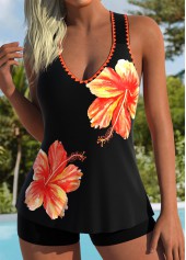 Mid Waisted Floral Print Tummy Coverage Orange Tankini Top-No Bottom