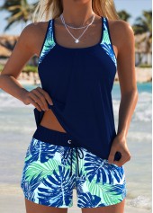 Mid Waisted Leaf Print Tummy Coverage Navy Tankini Set