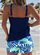 Mid Waisted Leaf Print Tummy Coverage Navy Tankini Set
