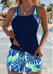 Mid Waisted Leaf Print Tummy Coverage Navy Tankini Set