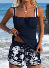 Navy Tropical Plants Print Tummy Control Tankini Set