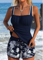 Navy Tropical Plants Print Tummy Control Tankini Set