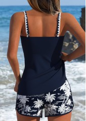 Navy Tropical Plants Print Tummy Control Tankini Set