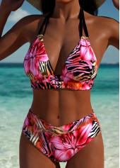 Mid Waisted Tropical Plants Print Hot Pink Bikini Set