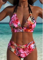 Mid Waisted Tropical Plants Print Hot Pink Bikini Set