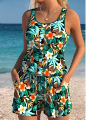 Floral Print Tummy Coverage Turquoise One Piece Swimwear