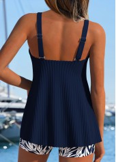 Mid Waisted Plants Print Tummy Coverage Navy Tankini Set