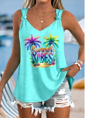 Tropical Plants Print Tie Cyan Strappy Tank Top