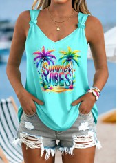 Tropical Plants Print Tie Cyan Strappy Tank Top