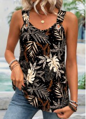 Leaf Print Tummy Coverage Black Sleeveless Tank Top