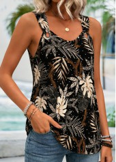 Leaf Print Tummy Coverage Black Sleeveless Tank Top