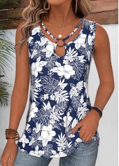 Floral Print Tummy Coverage Navy Sleeveless Tank Top