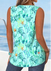 Marine Life Print Tummy Coverage Mint Green Tank Top
