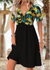 Tropical Plants Print Tummy Coverage Black Short Dress