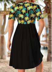 Tropical Plants Print Tummy Coverage Black Short Dress