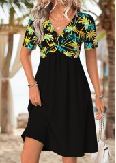 Tropical Plants Print Tummy Coverage Black Short Dress