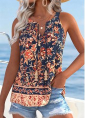 Floral Print Shirred Multi Color Sleeveless Tank Top
