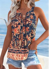 Floral Print Shirred Multi Color Sleeveless Tank Top