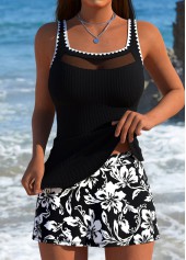 Mid Waisted Floral Print Tummy Coverage Black Tankini Set