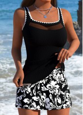 Mid Waisted Floral Print Tummy Coverage Black Tankini Set