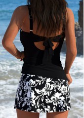 Mid Waisted Floral Print Tummy Coverage Black Tankini Set