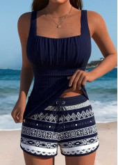 Mid Waisted Tribal Print Tummy Coverage Navy Tankini Set