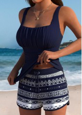 Mid Waisted Tribal Print Tummy Coverage Navy Tankini Set