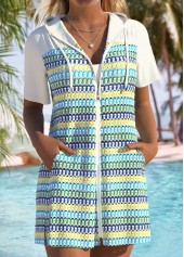 Multi Stripe Print Tummy Coverage Cyan Cover Up