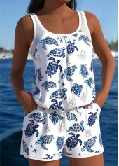 Marine Life Print Tummy Coverage White One Piece Swimwear