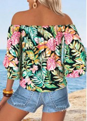 Tropical Plants Print Tummy Coverage Multi Color Blouse