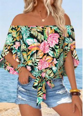 Tropical Plants Print Tummy Coverage Multi Color Blouse