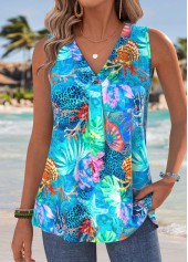 Marine Life Print Blue Sleeveless V Neck Tank Top