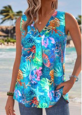 Marine Life Print Blue Sleeveless V Neck Tank Top
