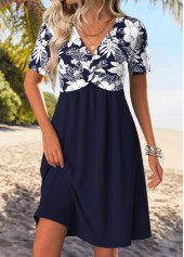Floral Print Tummy Coverage Navy Short V Neck Dress