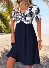Floral Print Tummy Coverage Navy Short V Neck Dress