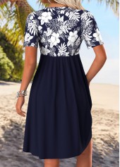 Floral Print Tummy Coverage Navy Short V Neck Dress