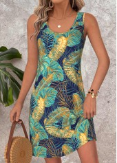 Leaf Print Tummy Coverage Multi Color Short Sleeveless Dress