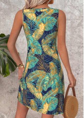 Leaf Print Tummy Coverage Multi Color Short Sleeveless Dress